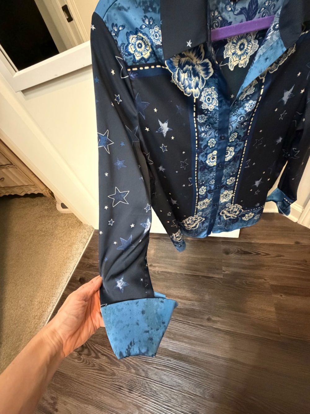 Rachel Zoe Blue Western Floral Star Satin Button-Up Blouse - Picture 4 of 4